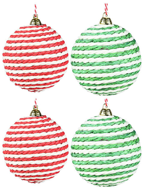 Christmas Warehouse - DECR9217 4x Authentic Natural, Red & Green Statement Paper Rope Baubles | 80mm Natural with Red & Green