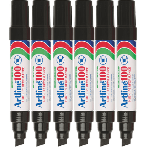 Artline 100 Pack 6 Permanent Marker Thick 12mm Chisel Nib (Black)