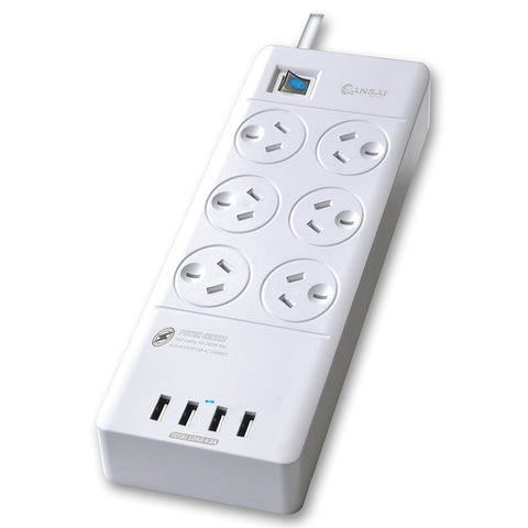 Sansai 6-Outlet Power Strip Board with Surge Protection & 4 USB Ports