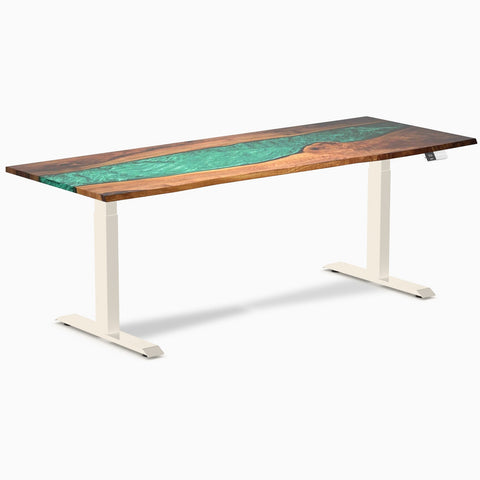 Desky Dual Resin Hardwood Sit Stand Desk 200cm Natural Walnut Emerald River Desktop and Wheat Frame