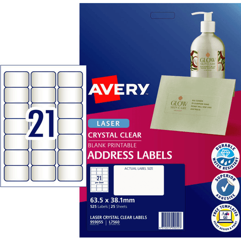 Avery 959055 L7560 Crystal Clear Address Label Laser 21/Page (Clear) [Pack 25]
