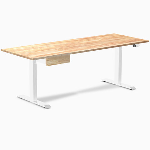 Desky Dual Rubberwood Standing Desk With Drawer 200cm Natural Timber Desktop and White Frame