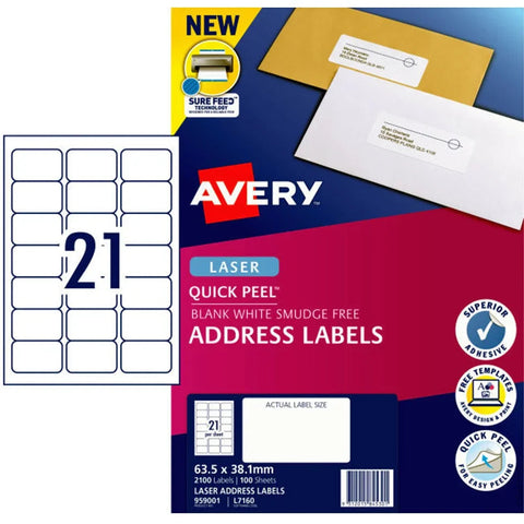 Avery Address Labels Quick Peel with Sure Feed 63.5x38.1mm (2100-Pieces)