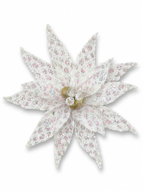White Honeycomb Mesh & Sequin Poinsettia Christmas Tree Clip Pick | 30cmWhite with Gold & Clear