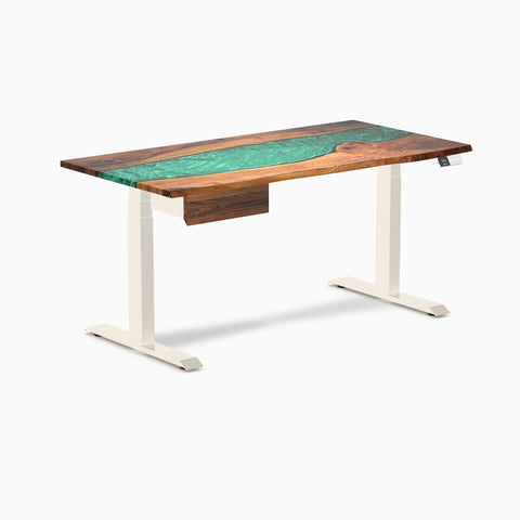 Desky Dual Resin Hardwood Standing Desk With Drawer 150cm Natural Walnut Emerald River Desktop and Wheat Frame