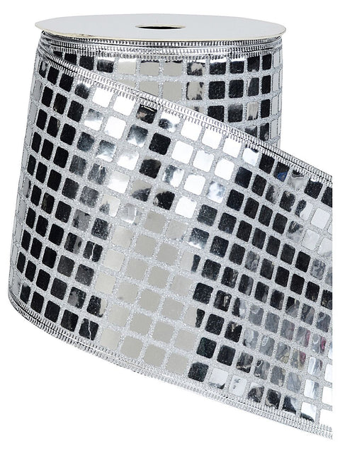 Christmas Warehouse - RIBN2509 Wired Silver Glitter Sheer Ribbon Reflective Mirror Ball | 10m x 10cm Silver