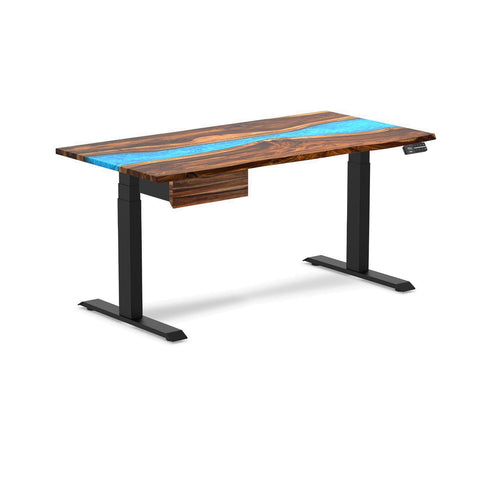 Desky Dual Resin Hardwood Standing Desk With Drawer 150cm Pheasantwood Blue River Desktop and Matte Black Frame