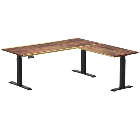 Desky Hardwood L-Shape Sit Stand Desk 180 x 175 cm Saman Top and Matte Black Leg