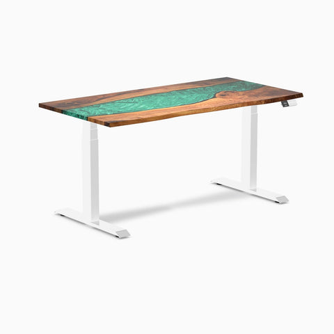 Desky Dual Resin Hardwood Sit Stand Desk 150cm Natural Walnut Emerald River Desktop and White Frame