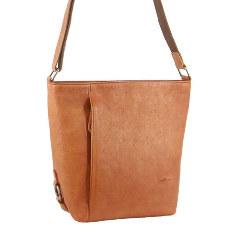 Milleni Women's Nappa Leather Shoulder Crossbody Bag w/Zip 27x30cm Cognac