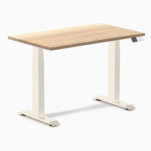 Desky Dual Mini Hardwood Sit Stand Desk 100cm White Ash Desktop and Wheat Frame