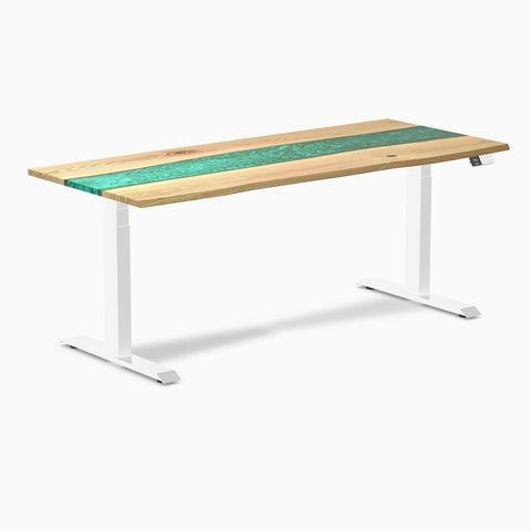 Desky Dual Resin Hardwood Sit Stand Desk 180cm White Ash Emerald River Desktop and White Frame