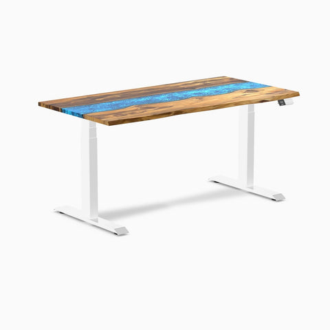 Desky Dual Resin Hardwood Sit Stand Desk 150cm Teak Blue River Desktop and White Frame