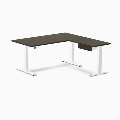 Desky Dark Bamboo L-Shape Standing Desk With Drawer 150 x 155 cm and White Leg