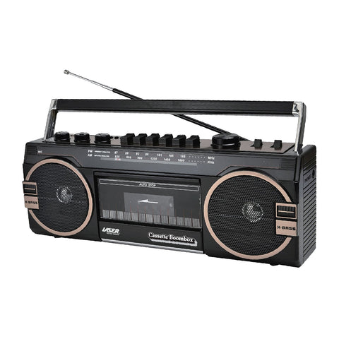 Laser Retro Cassette Boombox with AM FM Radio (Black)