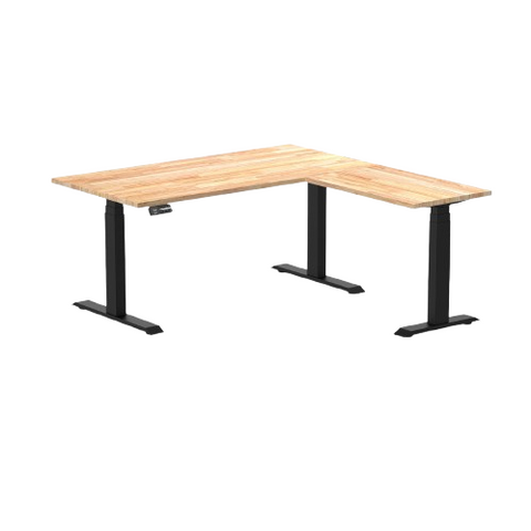 Desky Rubberwood L-Shape Sit Stand Desk 150 x 155 cm Natural Timber Top and Matte Black Leg