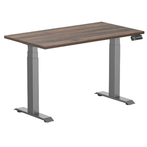 Desky Dual Mini Sit Stand Desk 1100 x 600 Jarrah Legno Desktop and Space Grey Frame