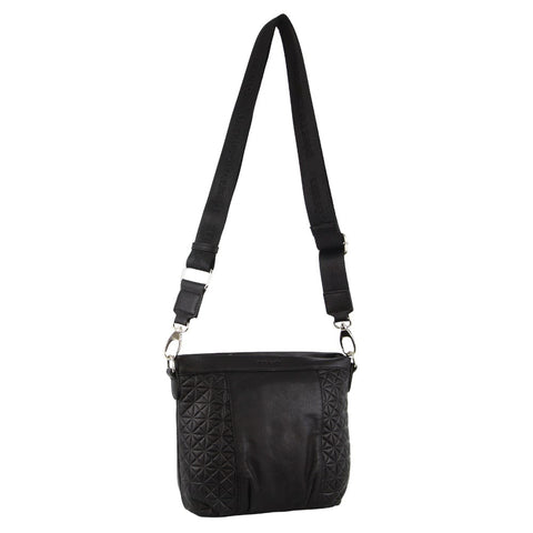 Pierre Cardin Women's Webbing Strap Leather Shoulder Crossbody Bag 26cm Black