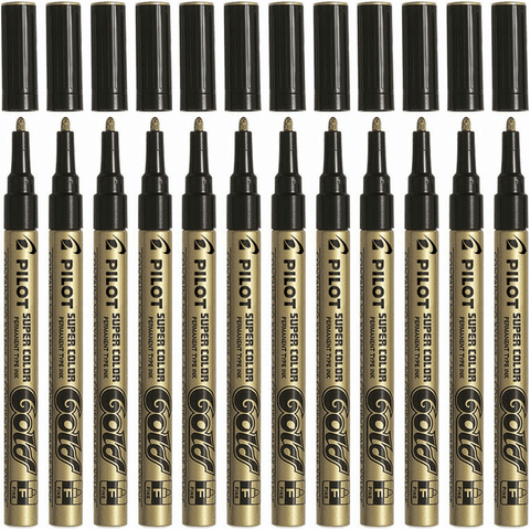 Pilot Box 12 Permanent Marker Fine 3.0mm Nib Tip (Gold)
