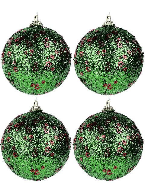 Christmas Warehouse - DECR9171 4x Dynamic Green Glitter Statement Red Star Baubles | 80mm Green with Red