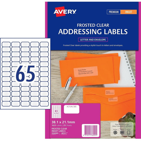 Avery 936009 J8551 Address Label Frosted Clear Inkjet 65Up (Clear) [Pack 25]