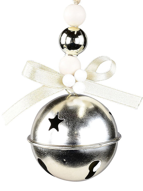 Christmas Warehouse - DECRH100 Champagne & Cream Whimsical Essential Tinkling Jingle Bell Bauble | 65mm Champagne with Cream, Gold & White