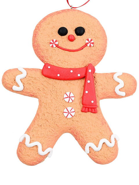 Christmas Warehouse - DECRH045 Gingerbread Man With Dotted Scarf Whimsical Essential Ornament | 13cm Cookie Brown with Red, White & Black