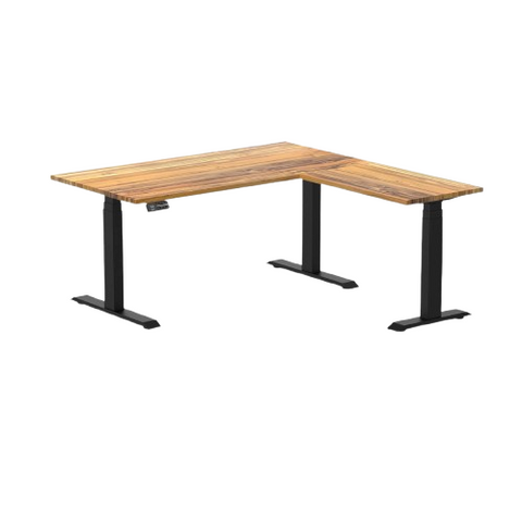Desky Hardwood L-Shape Sit Stand Desk 150 x 155 cm (Teak Top/Matte Black Leg)