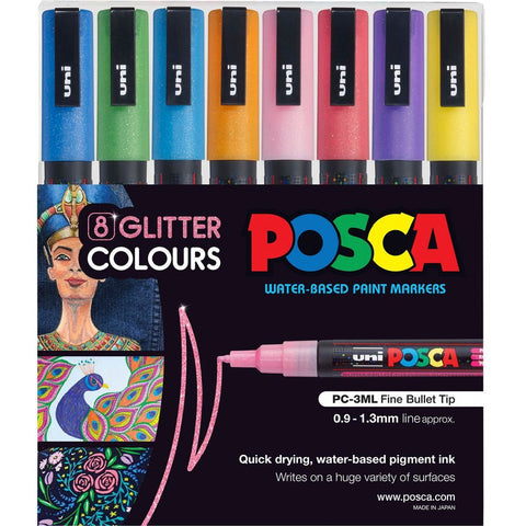 Uni POSCA PC-3M Paint Markers Glitter Assorted Colours 8 Pack