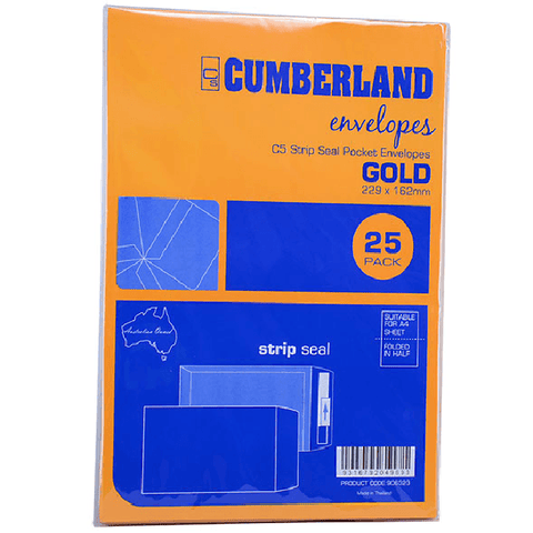 Cumberland C5 Envelopes Pocket Strip Seal 85GSM 162x229mm Gold Pack 25
