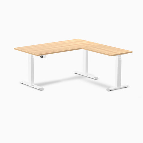 Desky Eco L-Shape Melamine Sit Stand Desk 150 x 155 cm Sublime Teak Top and White Leg