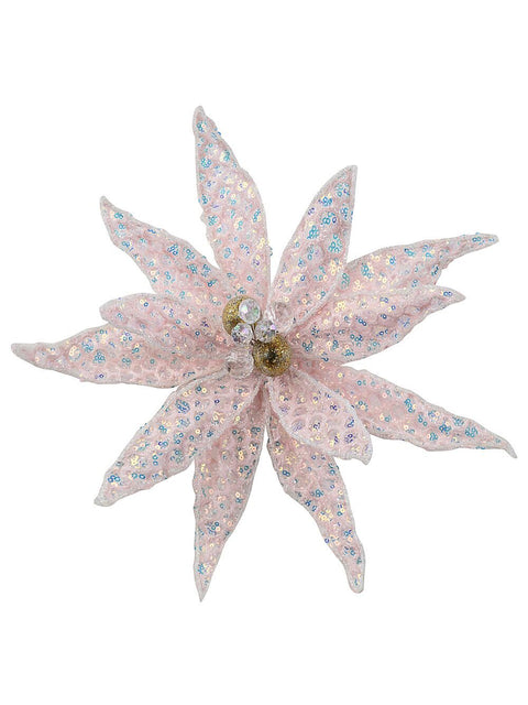 Christmas Warehouse - PICK2514 Light Pink Honeycomb Mesh & Sequin Poinsettia Christmas Tree Clip Pick | 30cm White with Gold & Clear