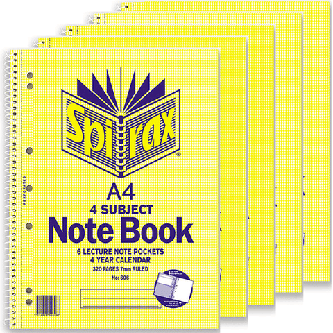Spirax 606 4 Subject Notebook Spiral Bound 320 Page (A4) [Pack 5]