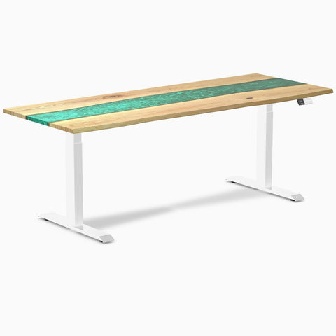 Desky Dual Resin Hardwood Sit Stand Desk 200cm White Ash Emerald River Desktop and White Frame