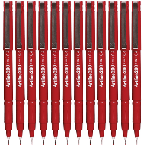 Artline Box 12 Bulk 200 Fineliner Felt Tip Pen 0.4mm (Red)