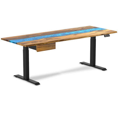 Desky Dual Resin Hardwood Standing Desk With Drawer 200cm Teak Blue River Desktop and Matte Black Frame