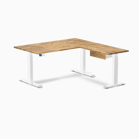 Desky Hardwood L-Shape Standing Desk With Drawer 150 x 155 cm Acacia / Space Grey Top and Space Grey Leg
