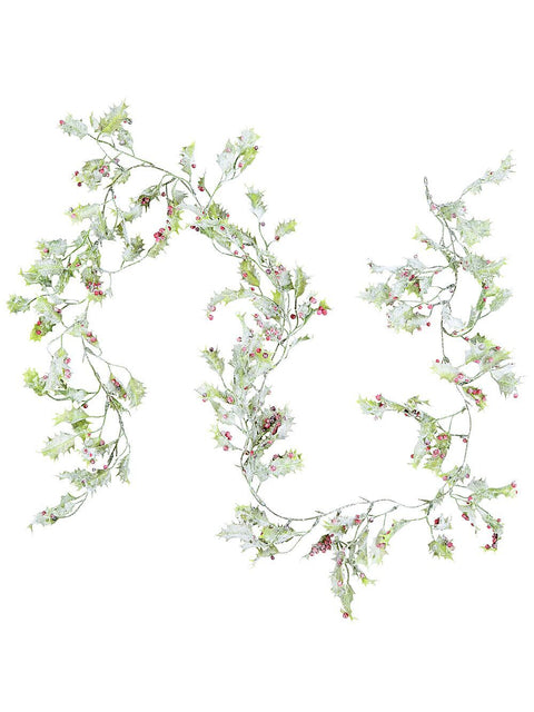 Christmas Warehouse - PREDG121 1.8m Frosted Holly Leaf Christmas Vine Garland | Red Berries & Ice-Look Beads Red & Frost on Green