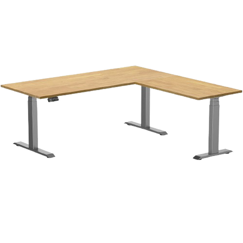 Desky Rubberwood L-Shape Sit Stand Desk 180 x 175 cm Light Oak Top and Space Grey Leg