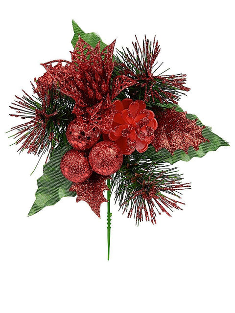 Christmas Warehouse - PICK1923 Red Glitter Berries, Pinecone, Flower & Foliage Christmas Tree Stem Pick | 17cm Red with Green