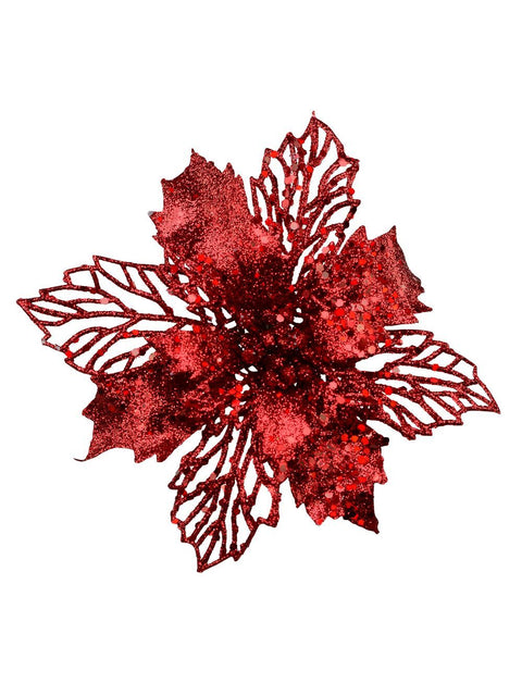 Christmas Warehouse - PICK2032 Red Poinsettia Bract & Leaf Christmas Tree Clip Pick | 18cm Red
