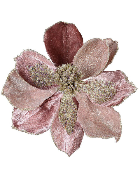 Christmas Warehouse - PICK2209 Dusty Rose & Champagne Magnolia Flower Christmas Tree Clip Pick | 22cm Dusty Rose & Champagne with Purple & Blue
