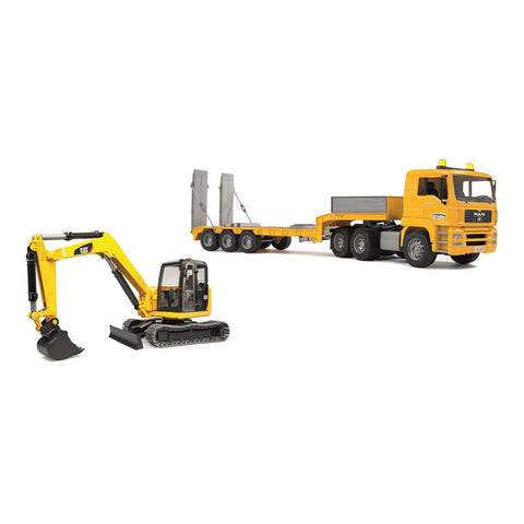Bruder 1:16 Commercial MAN TGA Low Loader With CAT Mini Excavator Yellow Model