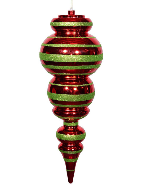 Christmas Warehouse - DISP1918 Apple Red & Lime Green Glitter Striped Large Display Ellipsoid Finial | 52cm Apple Red with Lime Green