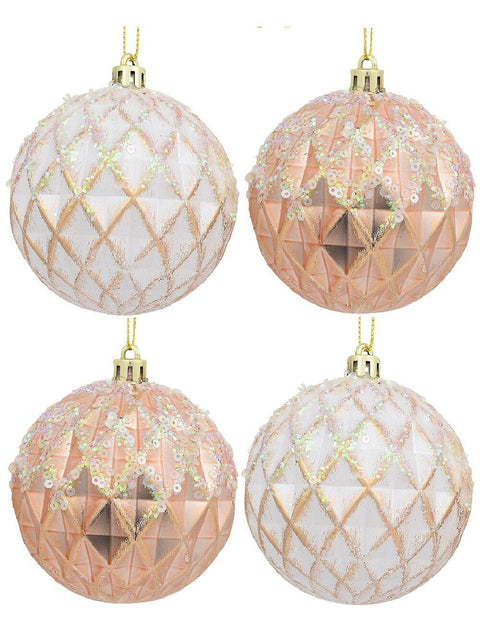 Christmas Warehouse - DECR9135 4x Opulent Rose Gold & White Statement Sequin & Diamond Baubles | 80mm Rose Gold Pearl & White with Iridescent & Gold