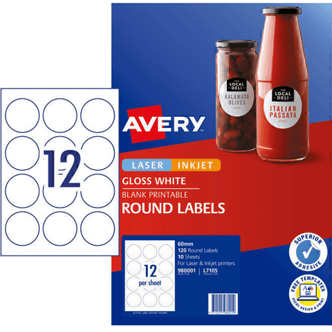 Avery 980001 L7105 Labels Round (White Glossy) [Pack 120]
