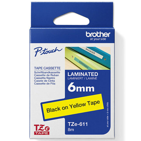 Brother TZE-611 Laminated Labelling Tape 6mm (Black On Yellow)