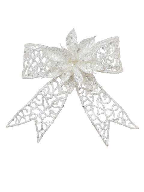 Christmas Warehouse - PICK2027 Iridescent Mesh Poinsettia Flower & Ribbon Christmas Bow Clip Pick | 13cm White with Iridescent