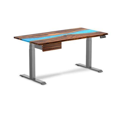 Desky Dual Resin Hardwood Standing Desk With Drawer 150cm Pheasantwood Blue River Desktop and Space Grey Frame