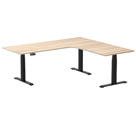Desky L-Shape Melamine Sit Stand Desk 200cm - Left Return Classic Oak Top and Matte Black Leg